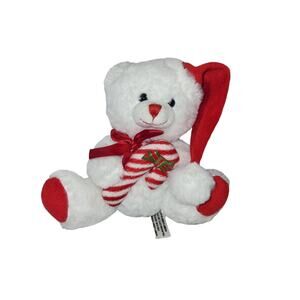 Hobby Lobby Christmas Bear Plush Stuffed White Red Hat White Candy Cane 8"